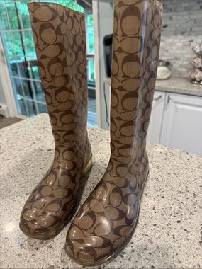 Coach Brown Signature 'C' Pattern Tall Rain Boots